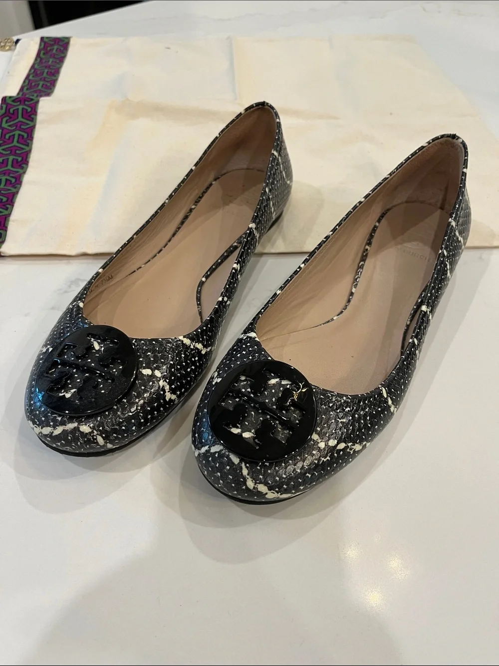 Tory Burch Black and White Splatter Logo Ballet Flats